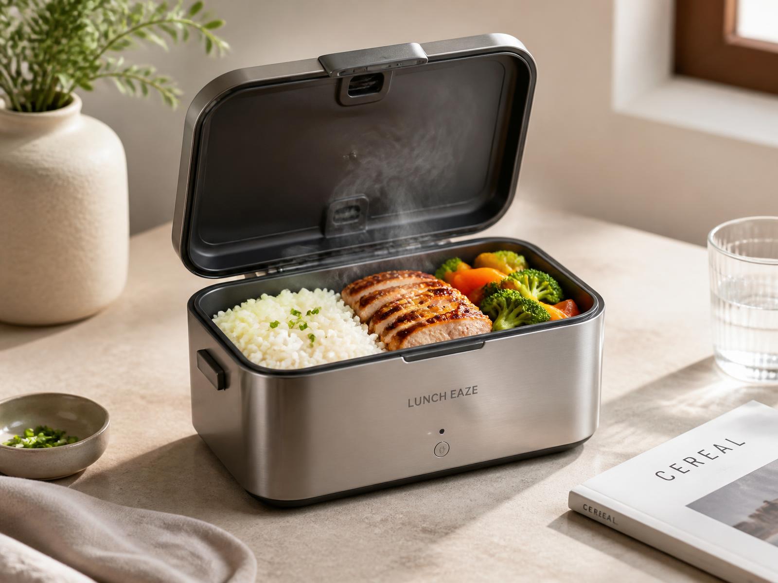 Rechargeable electric lunch box open with a hot meal of rice, chicken and vegetables